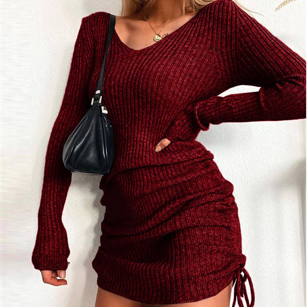 KNITTED V-NECK LONG SLEEVE SLIM THREAD DRESS