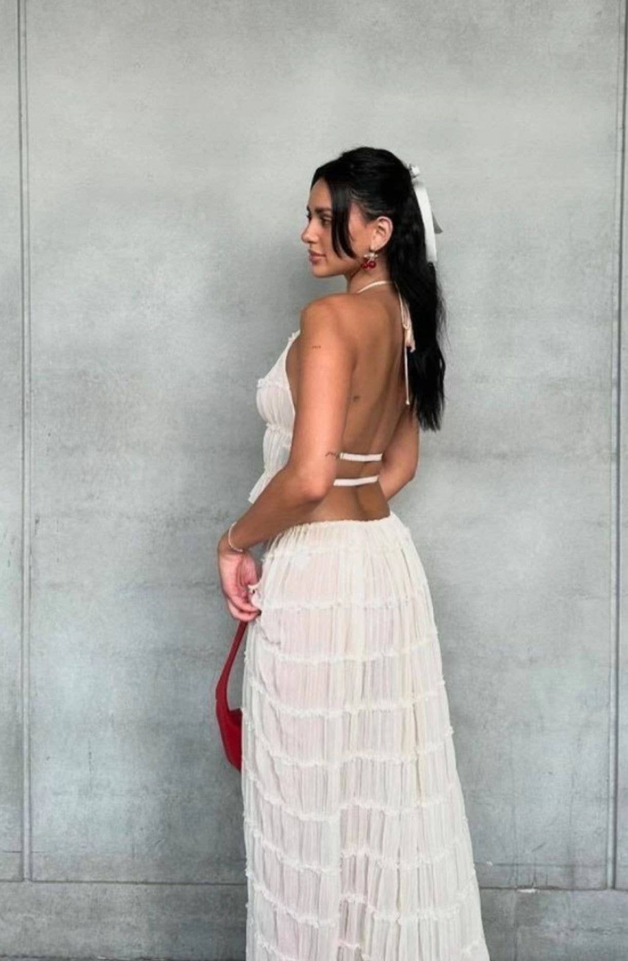 Sexy Backless Halter Lace Trim Cami Maxi Set
