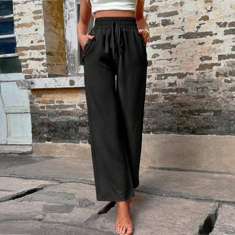 High Waist Elastic Straight Pants with Pockets