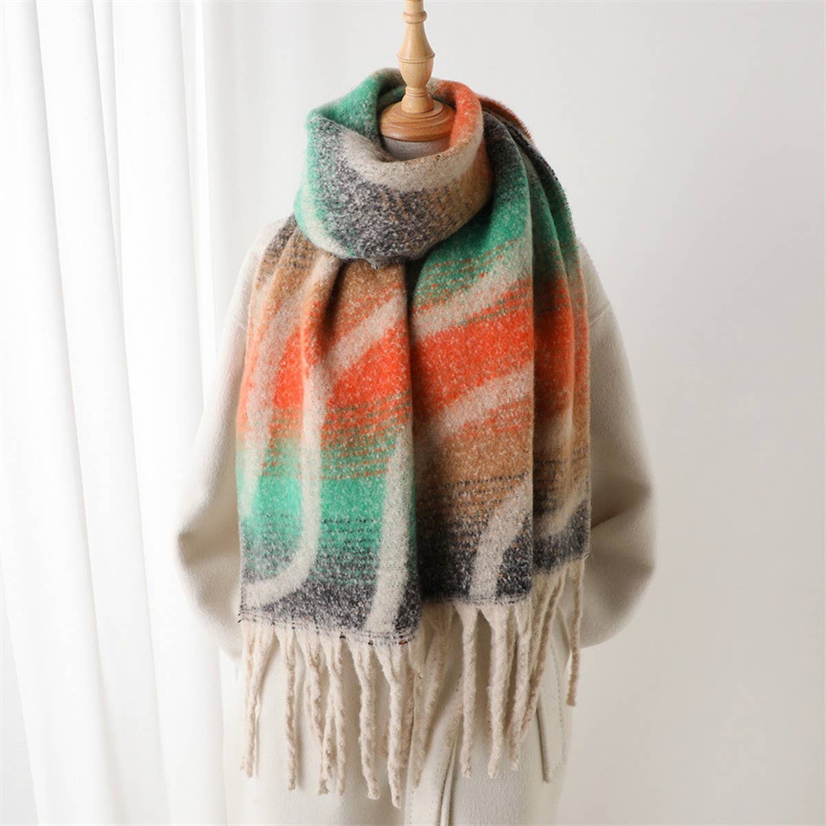 Rainbow Grid Soft Scarf with Fringe Trim_CWASC2775
