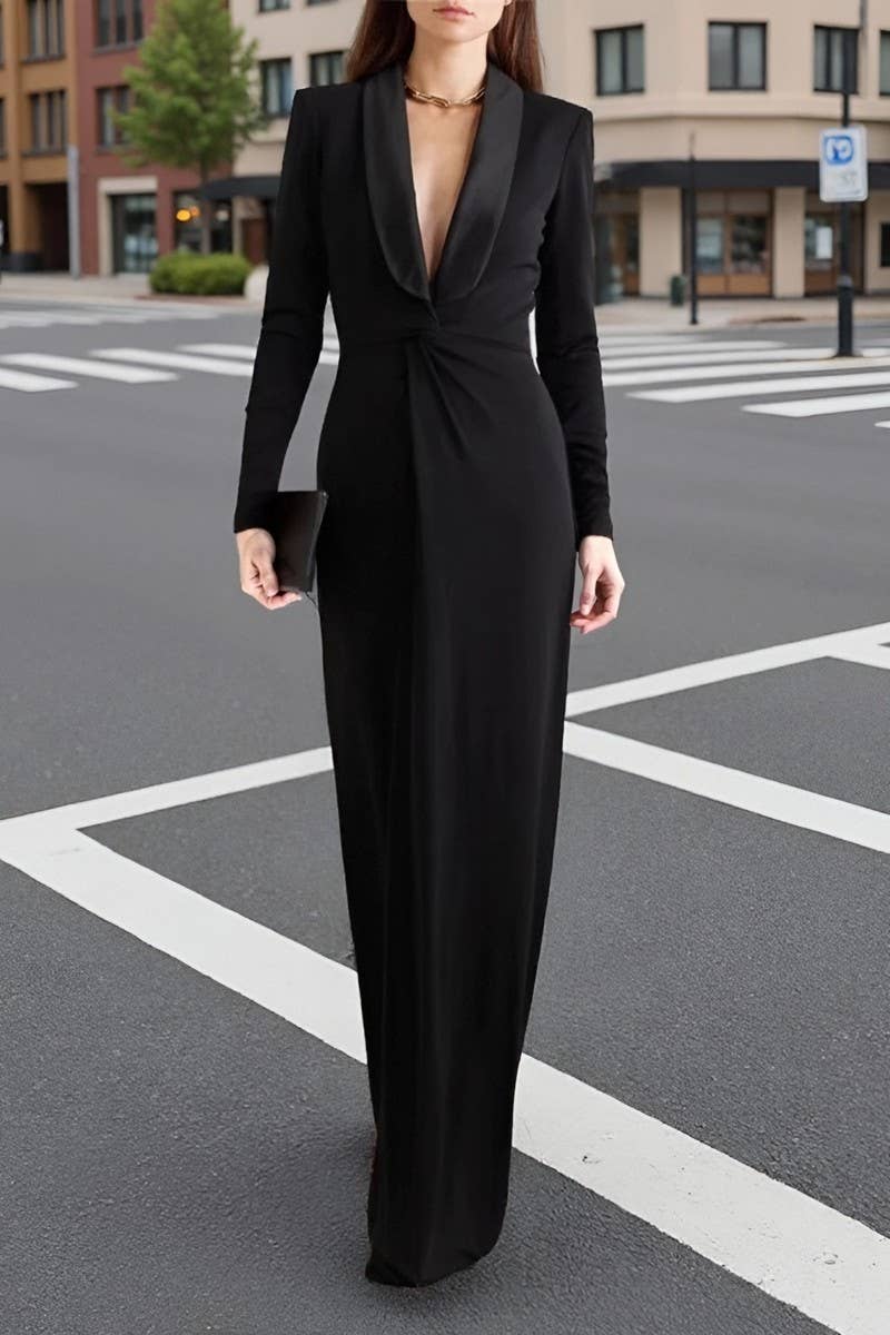 CWDMD6395_SEXY DEEP V PLEATED LONG DRESS SOLID COLOR DRESS