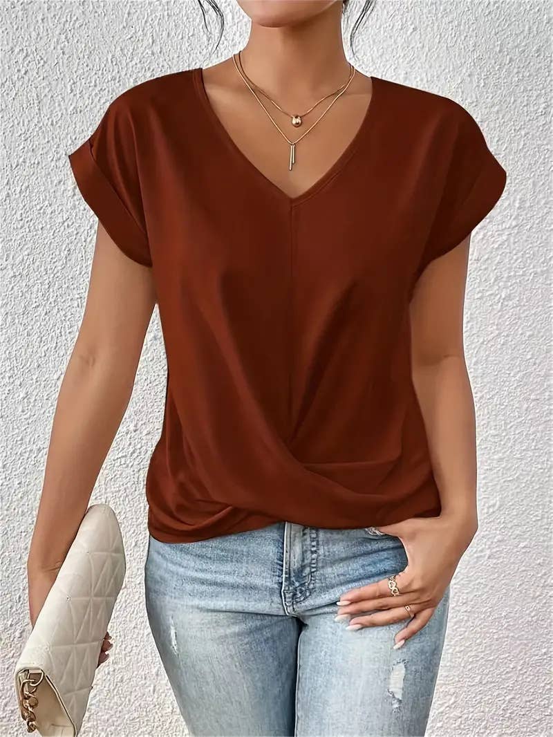 Elegant short-sleeved solid-color V-neck T-shirt