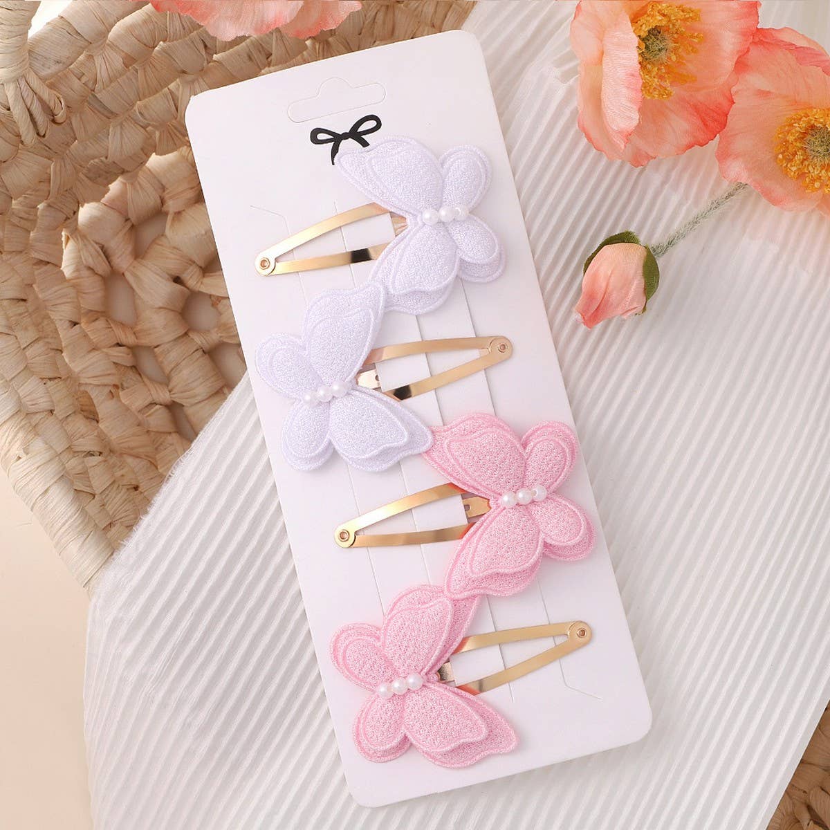 Double-Layer Pearl Bow Hair Clip Set for Kids