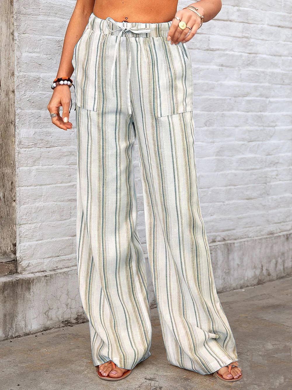 Loose striped printed straight-leg trousers