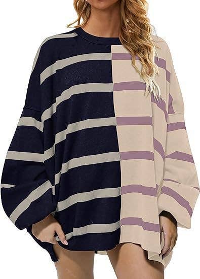 STRIPED KNIT LONG-SLEEVED COLOR-MATCHING HOODIE
