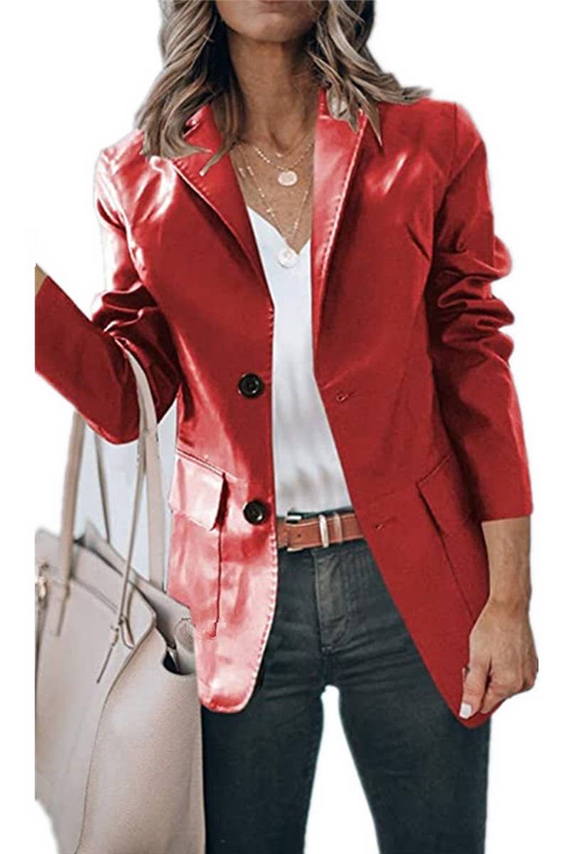 CWOCO0982_LAPEL SINGLE BREASTED SOLID COLOR PU LEATHER COAT