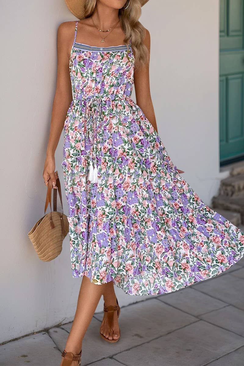 CWDMD4469_PLEATED PRINTED RUFFLED SUSPENDER DRESS