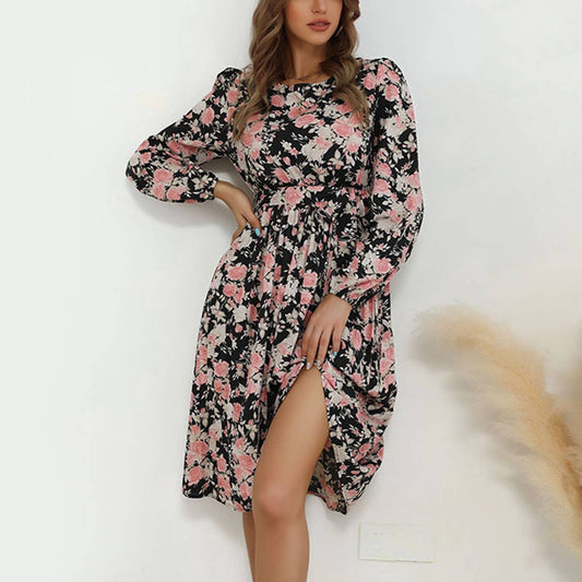 PRINTED CREW NECK SLIM WAIST SHORT DRESS