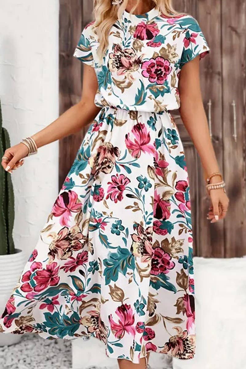 CWDMD5079_SUMMER LOOSE SHORT-SLEEVED FLORAL MIDI DRESS
