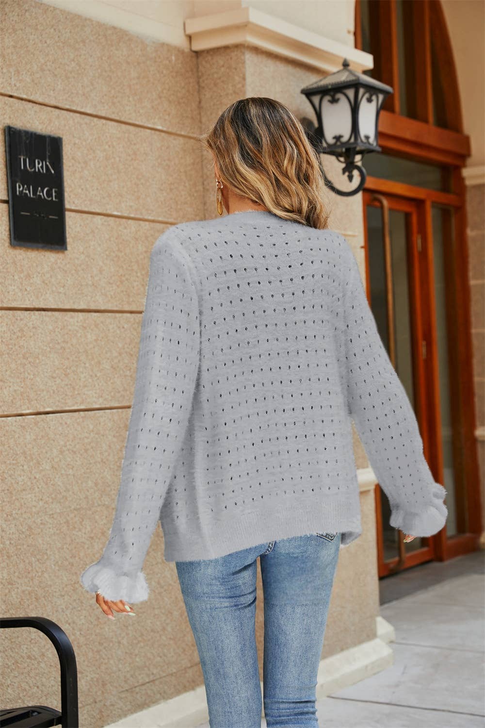 CWOSWL1057_Button Down Sleeve  V-Neck Cardigan Sweater