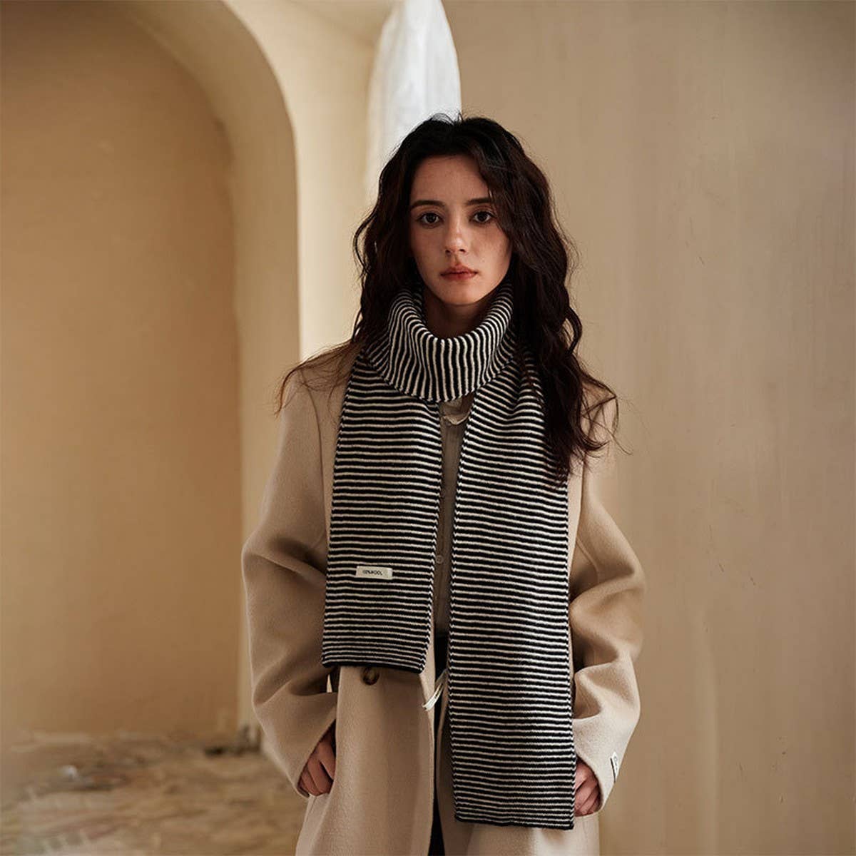 100% Wool Knit Scarf - Striped Slim Winter Wrap_CWASC2295