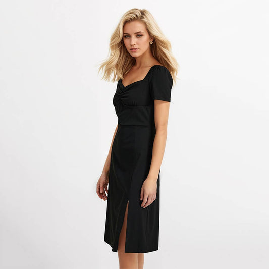 Retro square collar slim-fit pleated waist dress