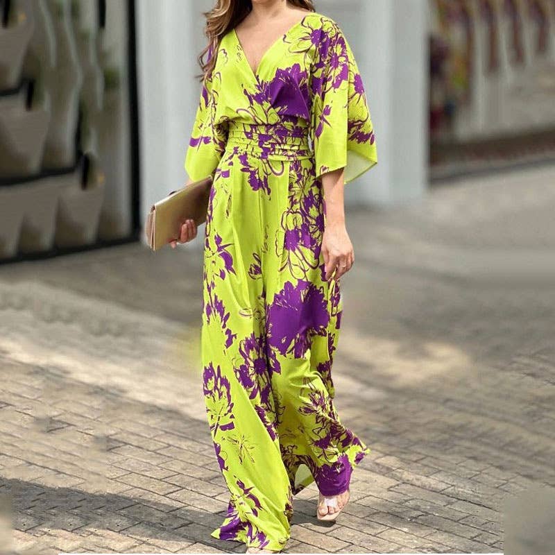 Printed bat-sleeved high-waisted jumpsuit