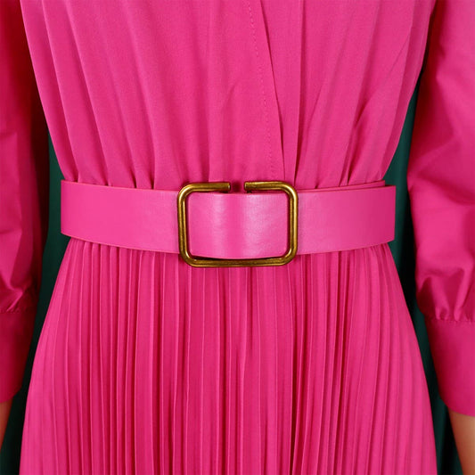 ELEGANT LAPEL SOLID COLOR WIDE HEM PLEATED DRESS