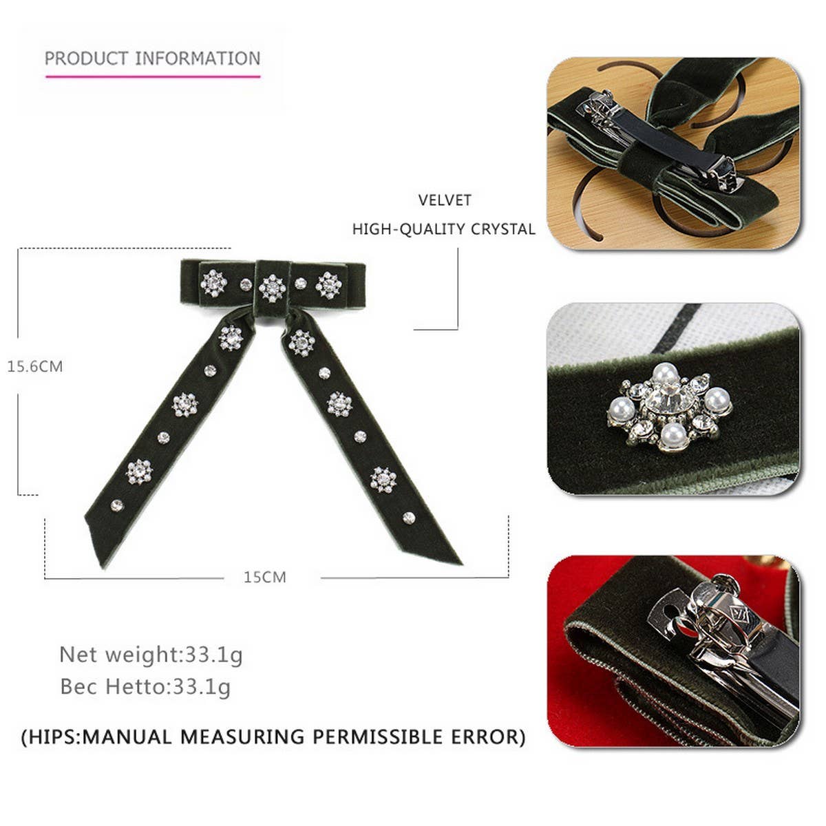 VELVET HAIRPIN FABRIC BOW RHINESTONE SPRING CLIP