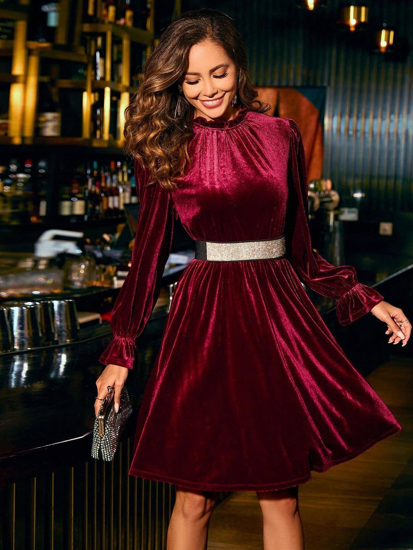 VELVET SEMI HIGH NECK WAIST A SWING SHORT DRESS