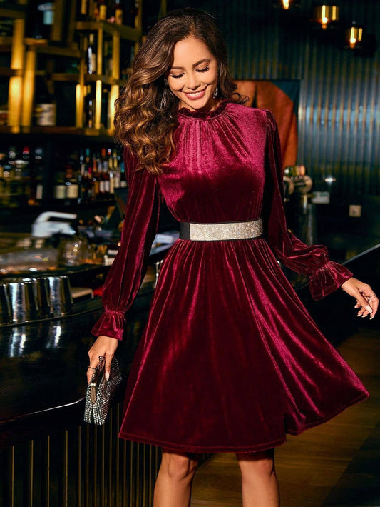 VELVET SEMI HIGH NECK WAIST A SWING SHORT DRESS