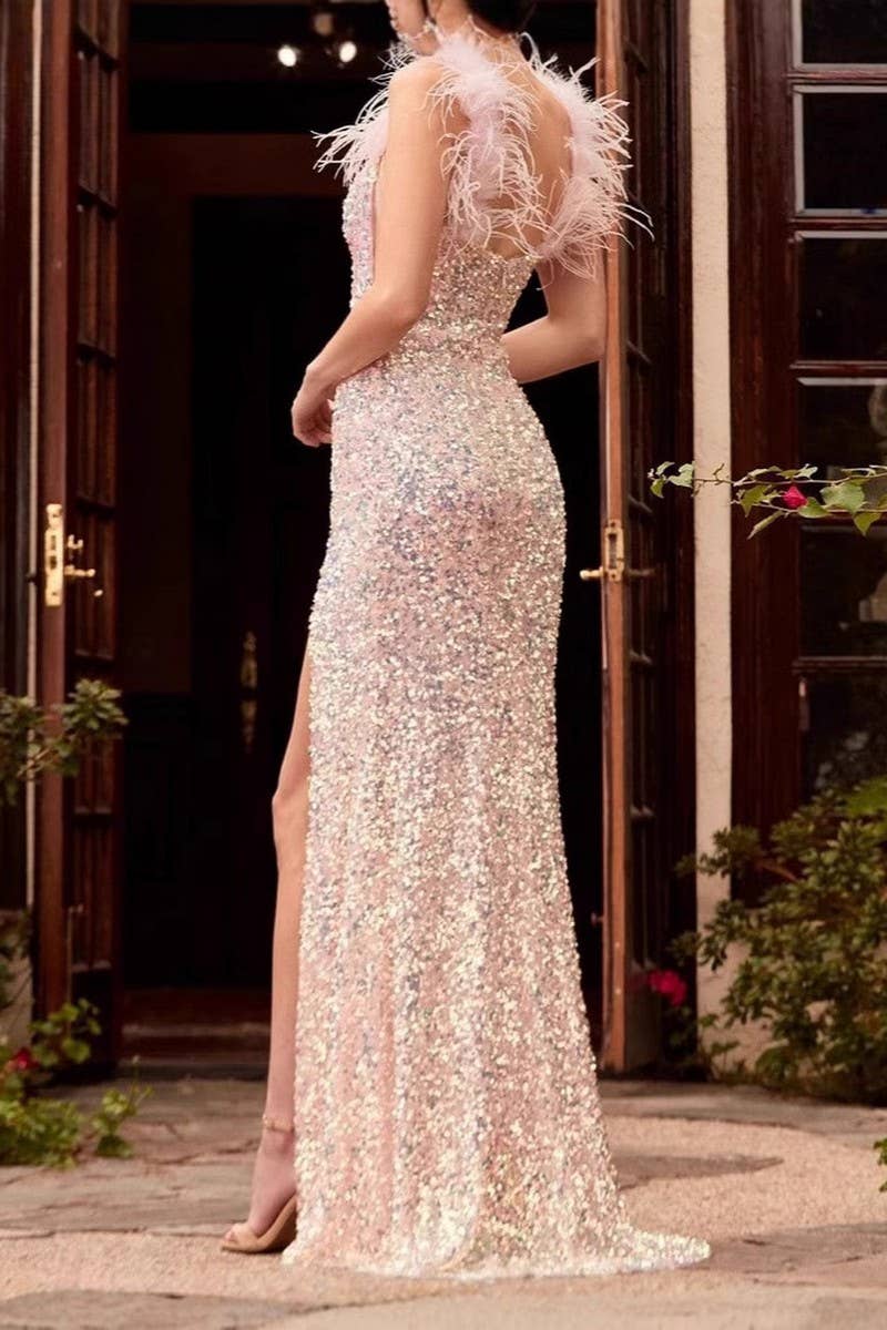 CWDMD5430_ELEGANT SEQUIN FEATHER TRIM RED FORMAL MAXI DRESS