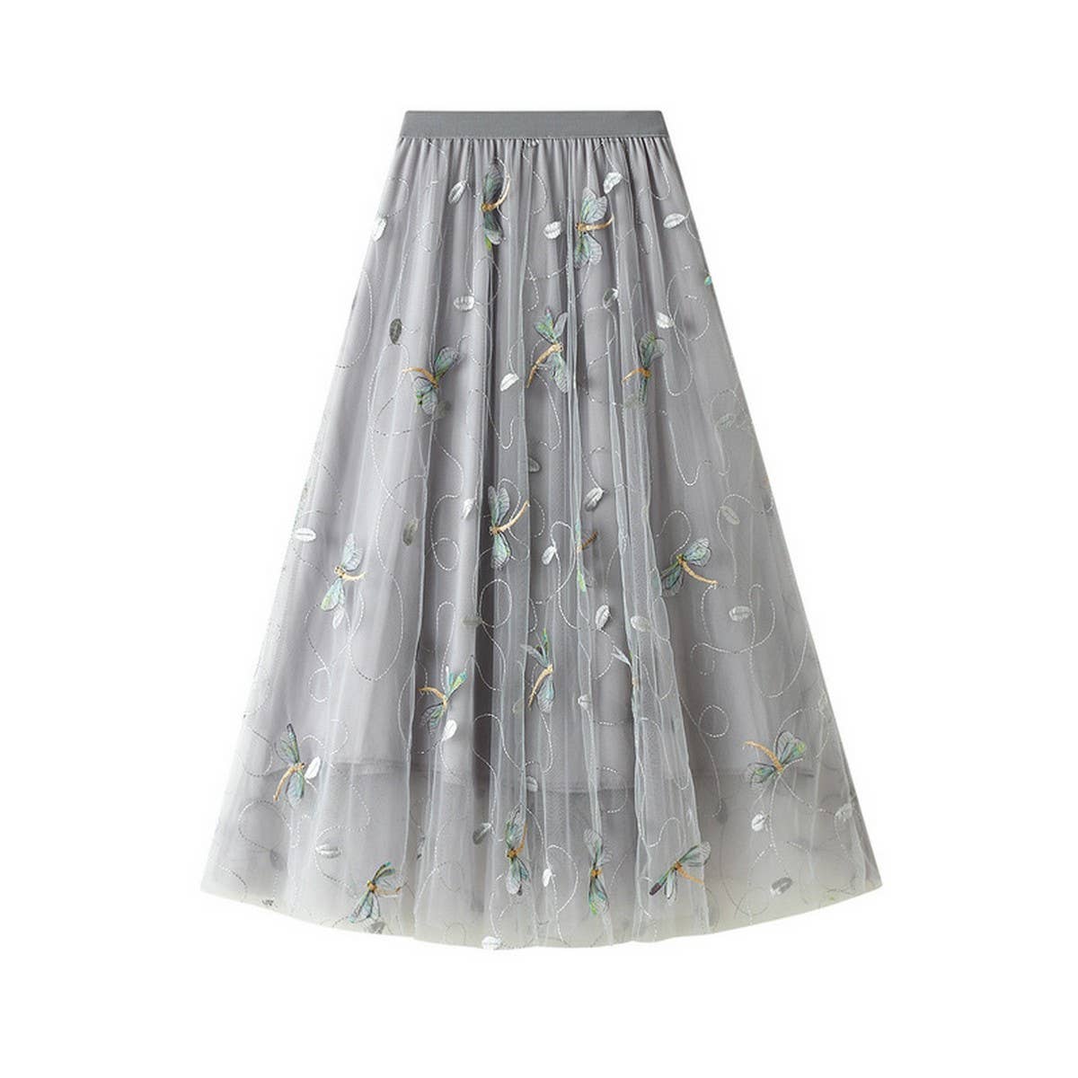 3D Dragonfly Embroidered Tulle Maxi Skirt_CWBMS0395
