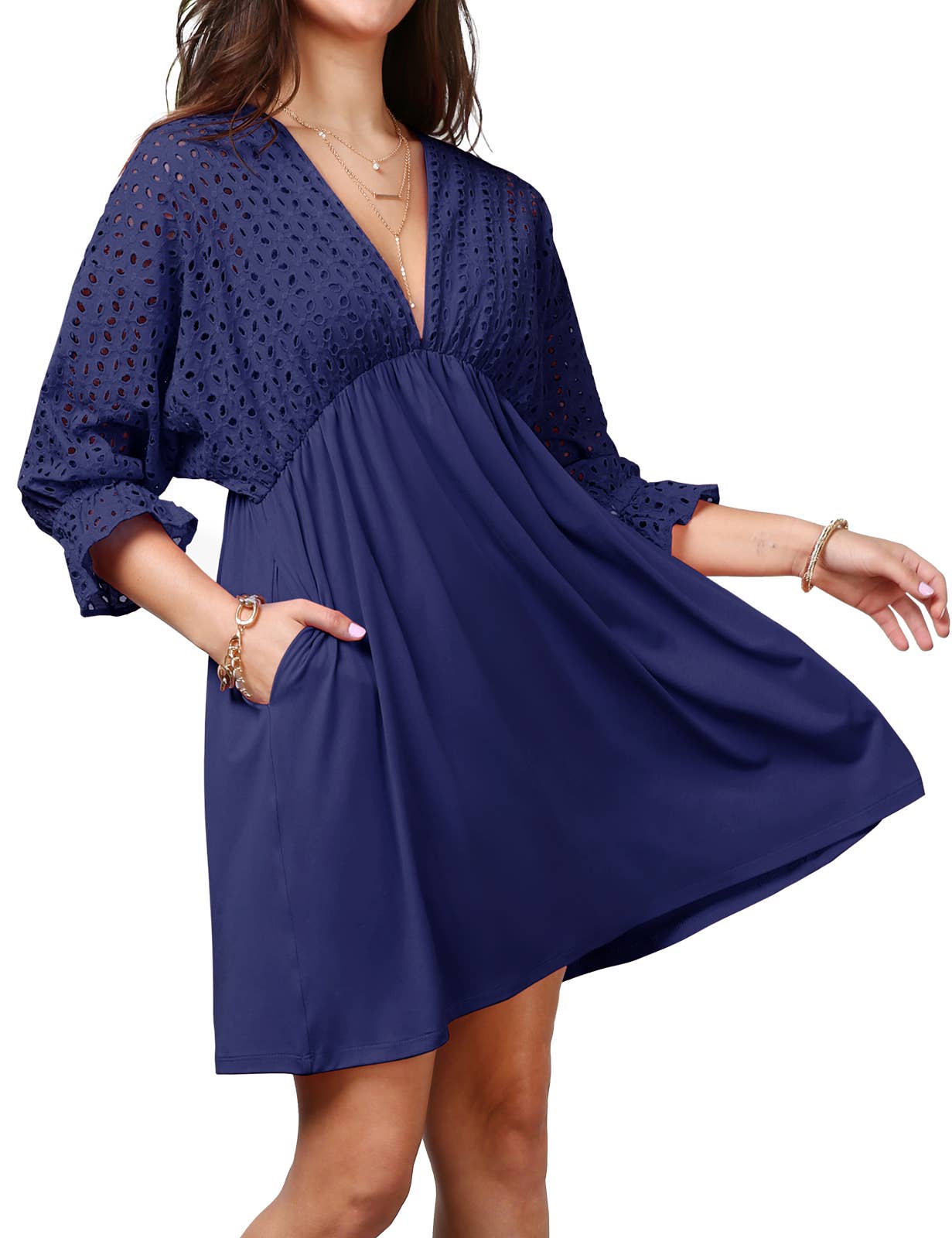 CWDSD10370_COTTON EYELET CONT BODICE WITH 3/4 SLEEVE DRESS