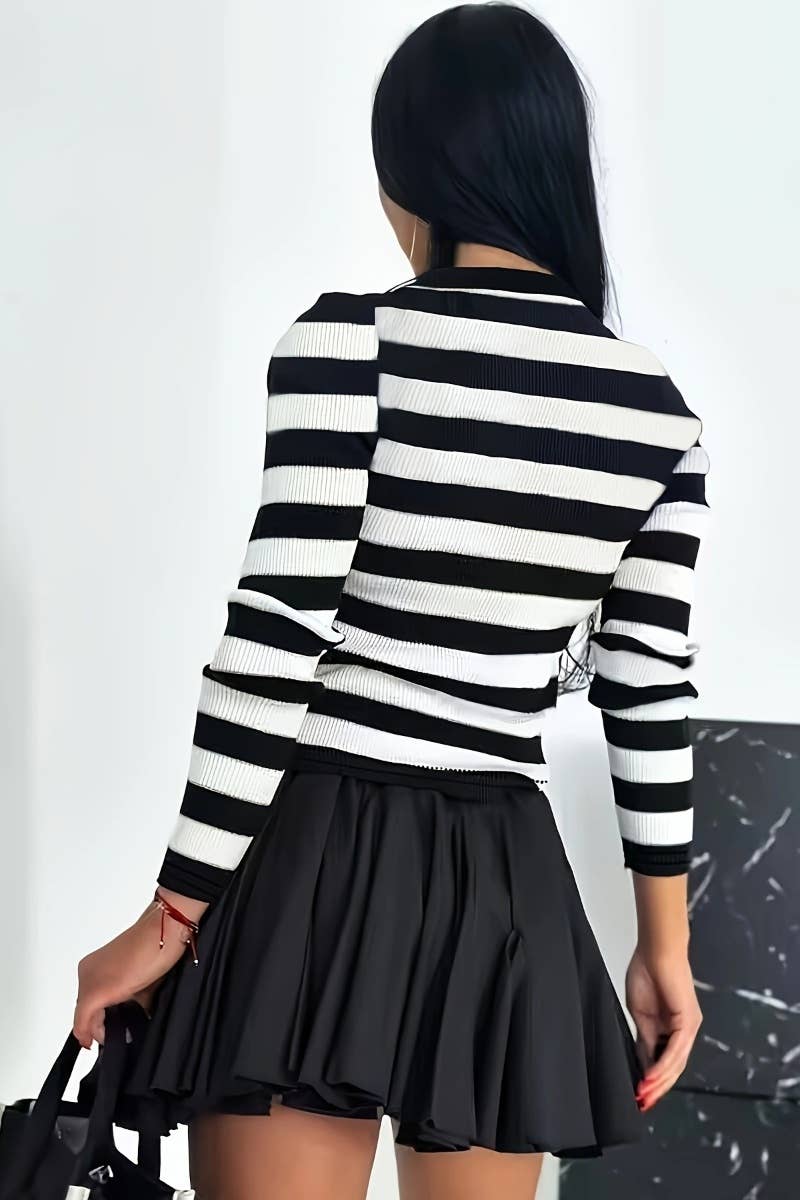 CWOCAL1456_WINTER V-NECK STRIPED LONG-SLEEVED CARDIGAN TOP