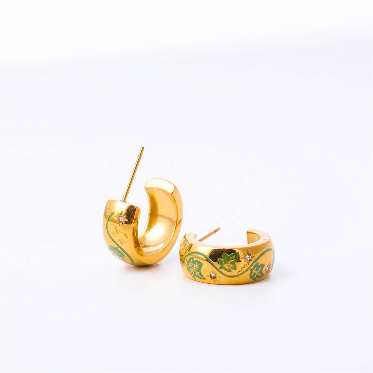 Enamel Floral Rose C Hoop Earrings Gold Stainless