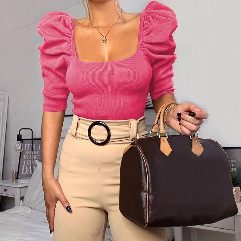 Simple square-neck puffed sleeve short-sleeve top