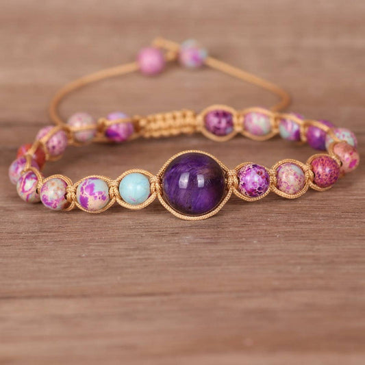 PURPLE TIGER STONE TURQUOISE BEAD BRAIDED BRACELET_CWAJE3952