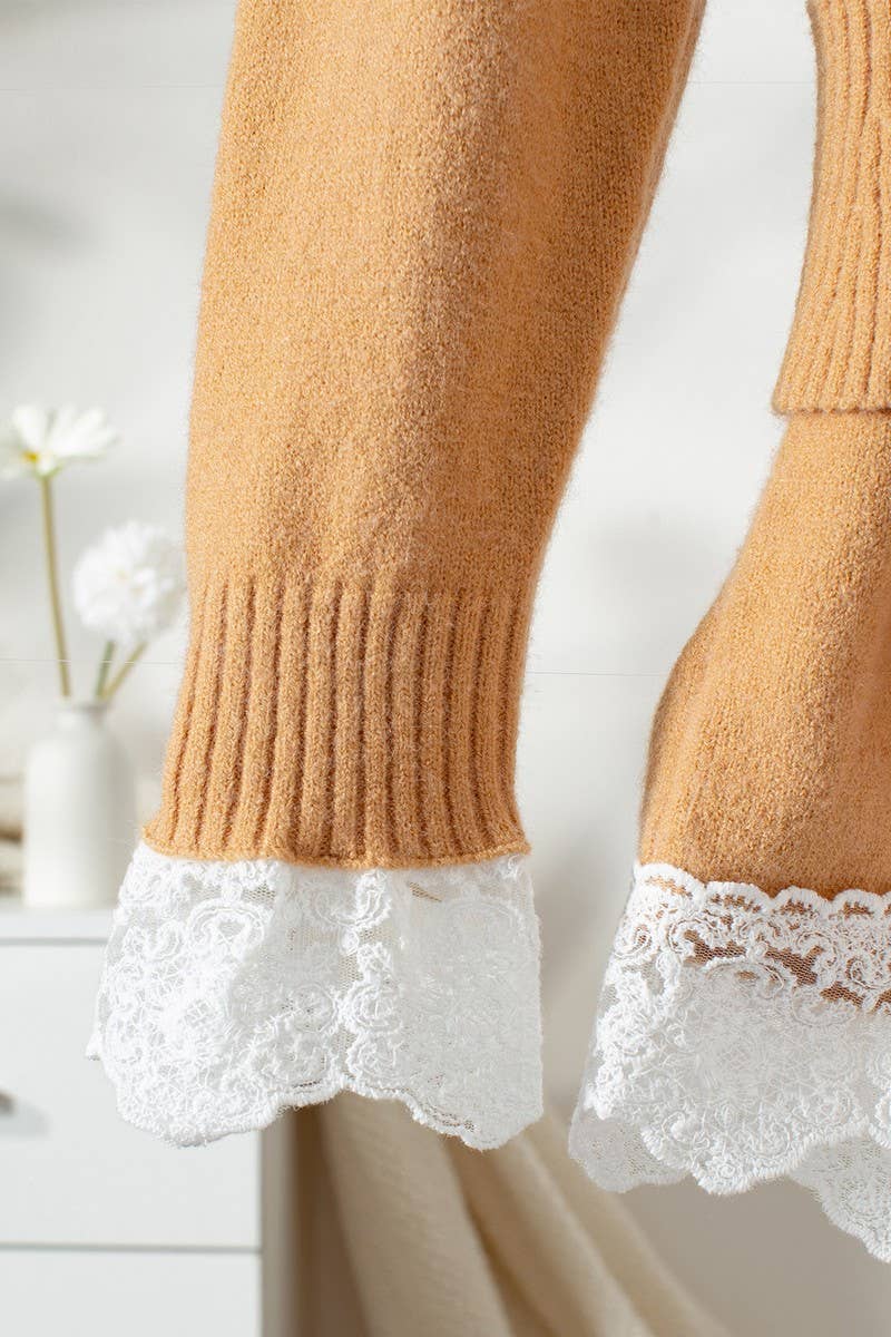 CWOSWL07446_LAPEL LACE PANELED BELTED KNITTED TOP