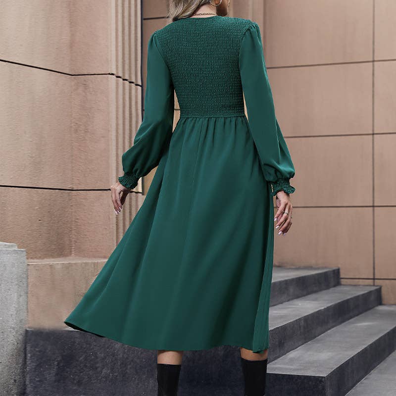 LONG WAIST DRESS WITH LANTERN SLEEVES