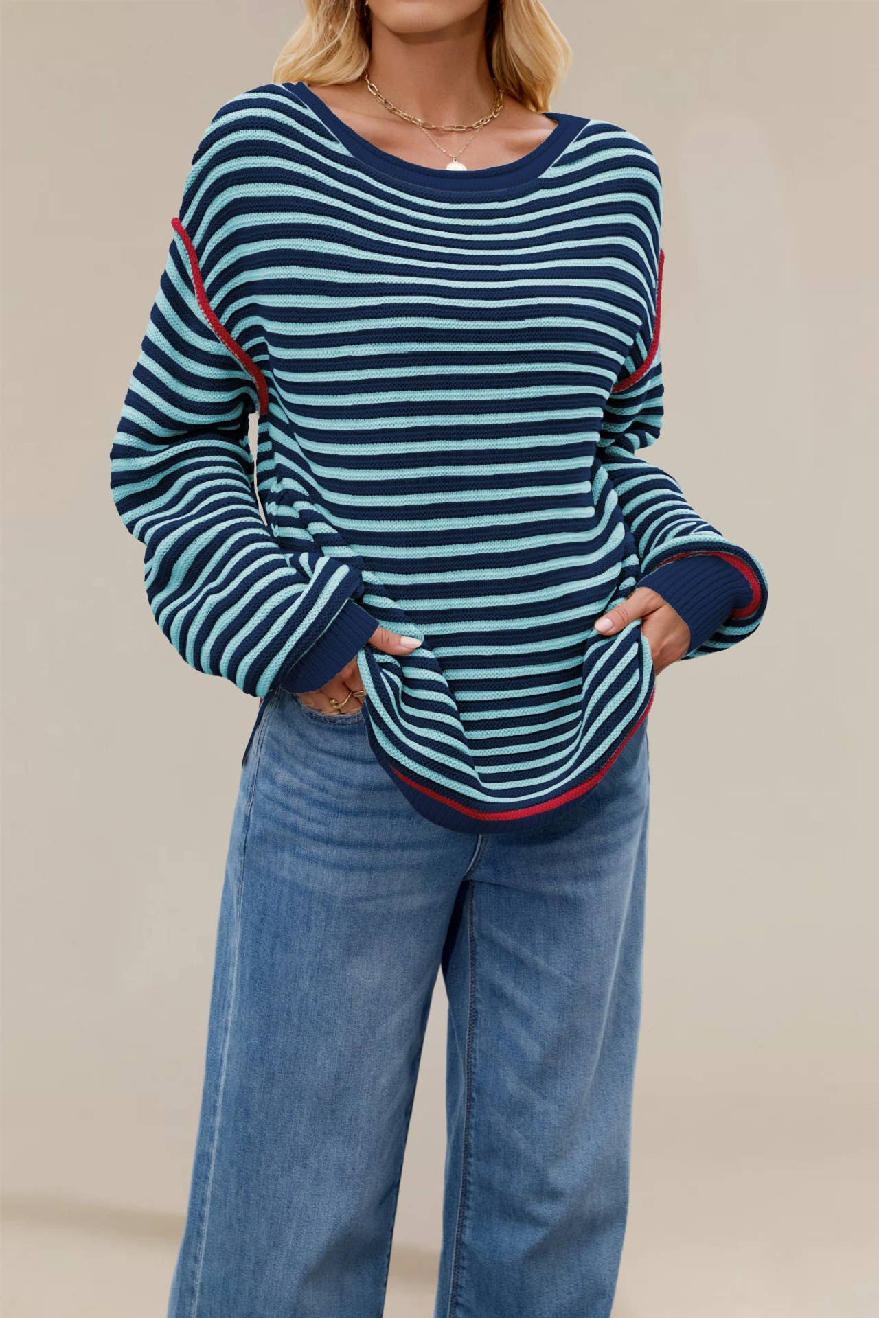 Striped knitted round-neck long-sleeved sweater