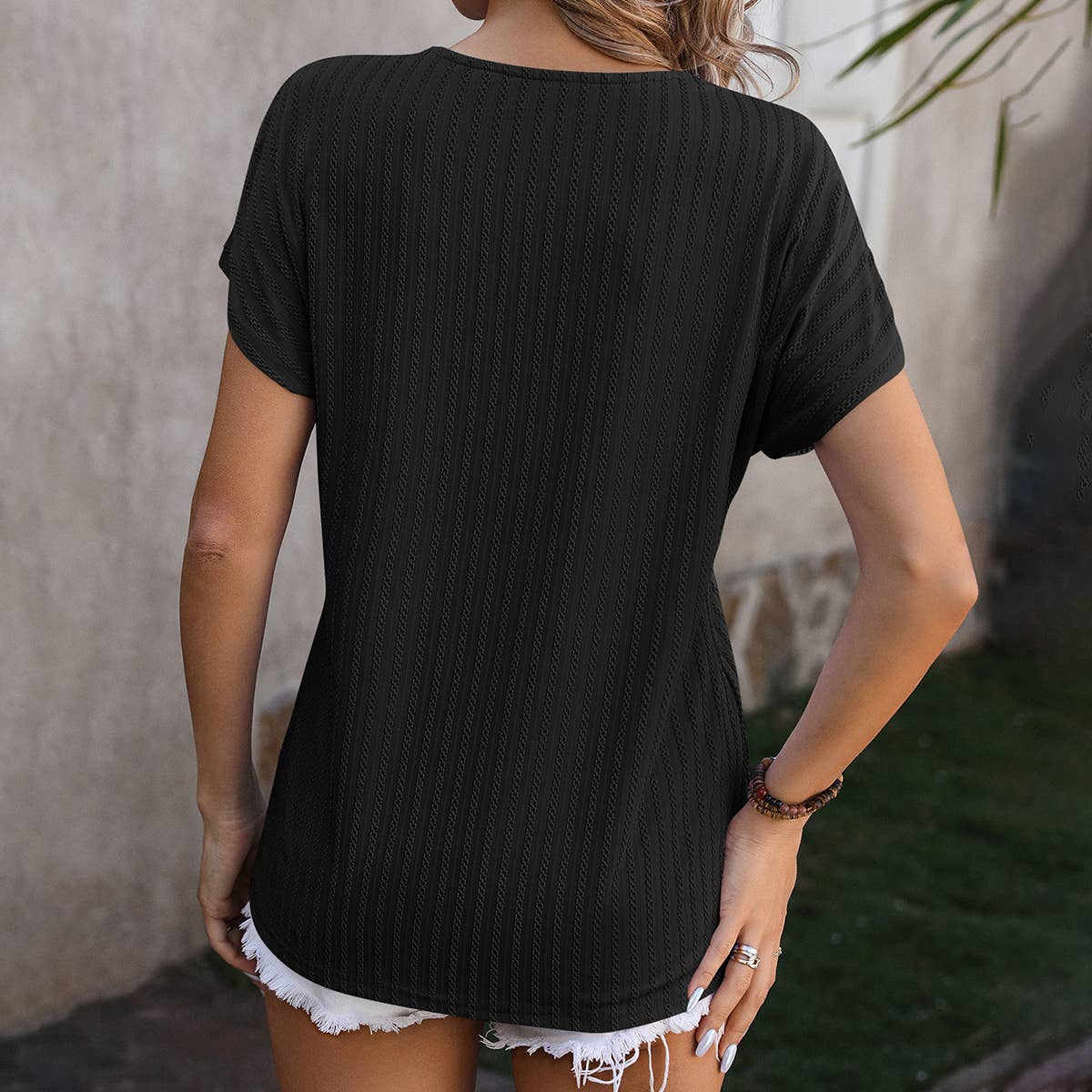 WOMEN'S V NECK PULLOVER JACQUARD SHORT SLEEVED TOP_CWTTS0897