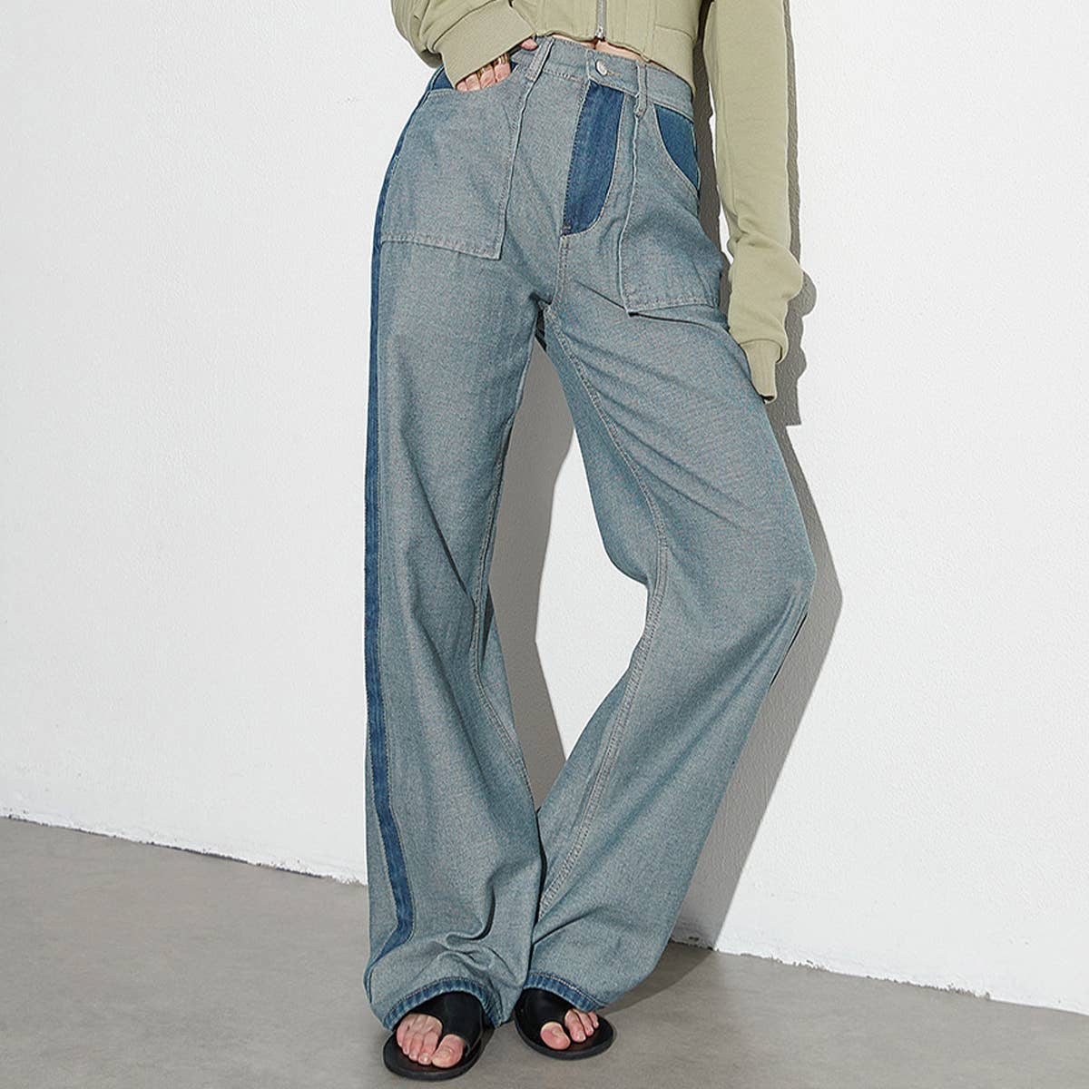 STRAIGHT LEG COLOR BLOCKING DENIM CASUAL PANTS_CWJP0202