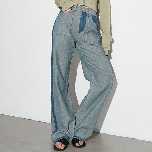 STRAIGHT LEG COLOR BLOCKING DENIM CASUAL PANTS_CWJP0202