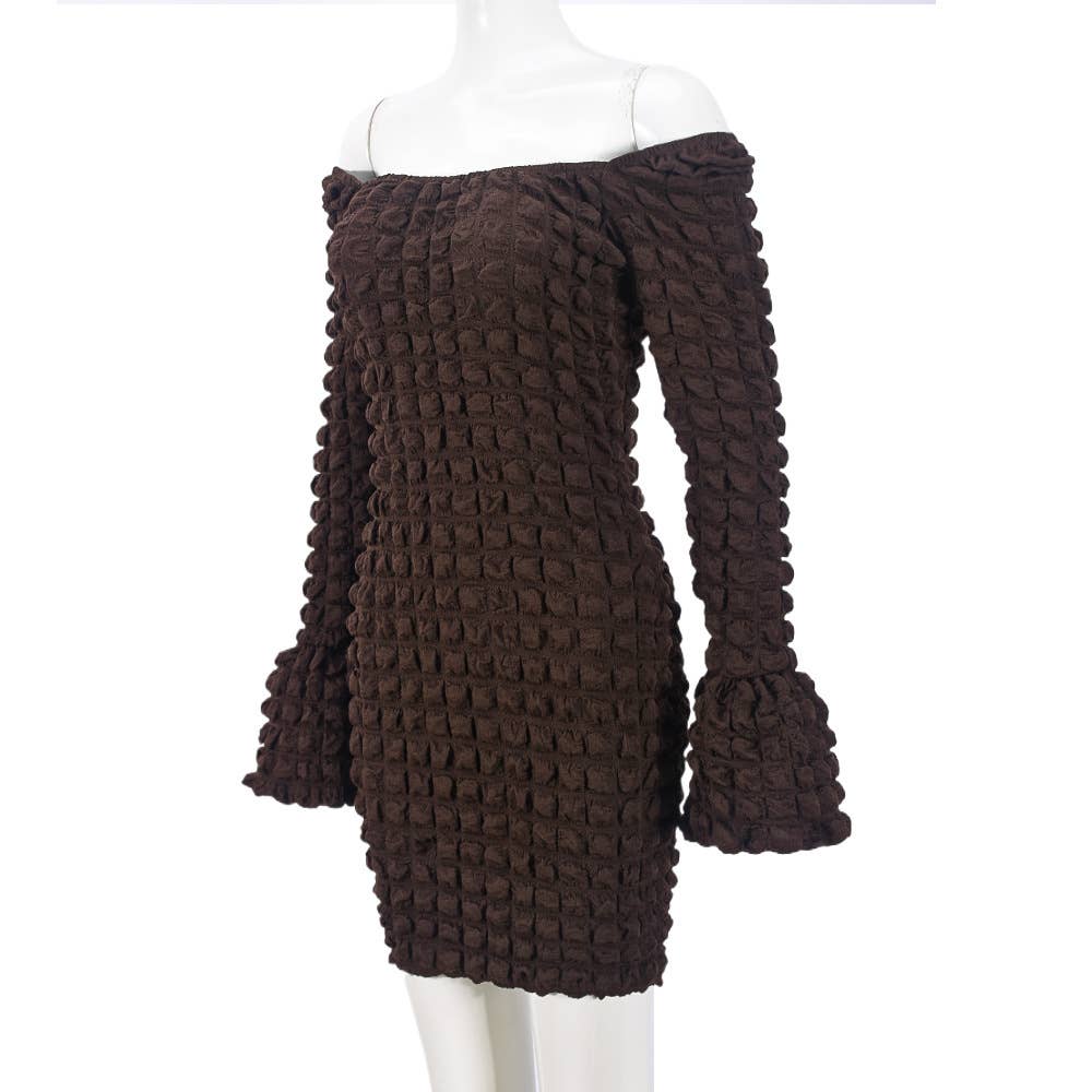 Square-neck one-shoulder flared sleeve dress