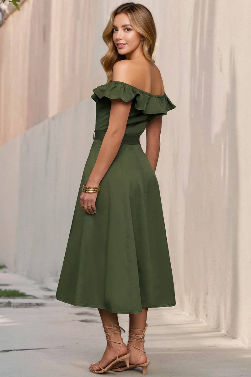 CWDMD6200_VINTAGE OFF SHOULDER RUFFLE BELTED A-LINE DRESS