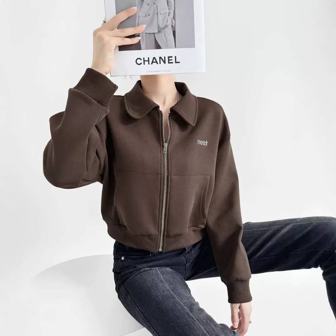 Solid color lapel zipper Short-sleeved cardigan