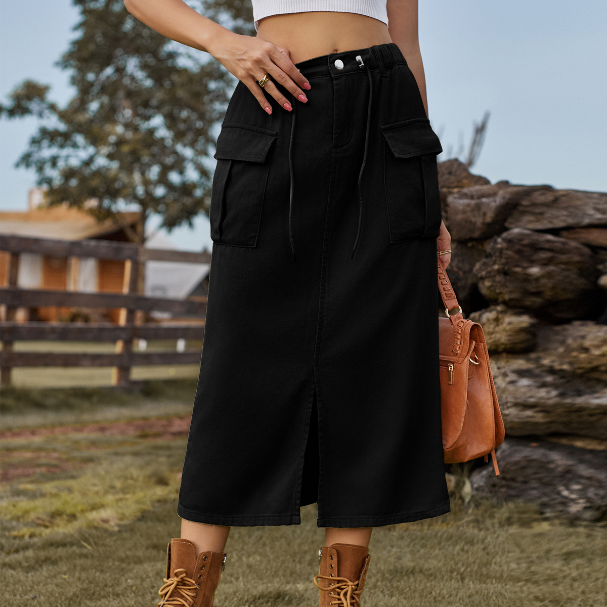 Washed Denim Cargo Skirt with Slit for Women