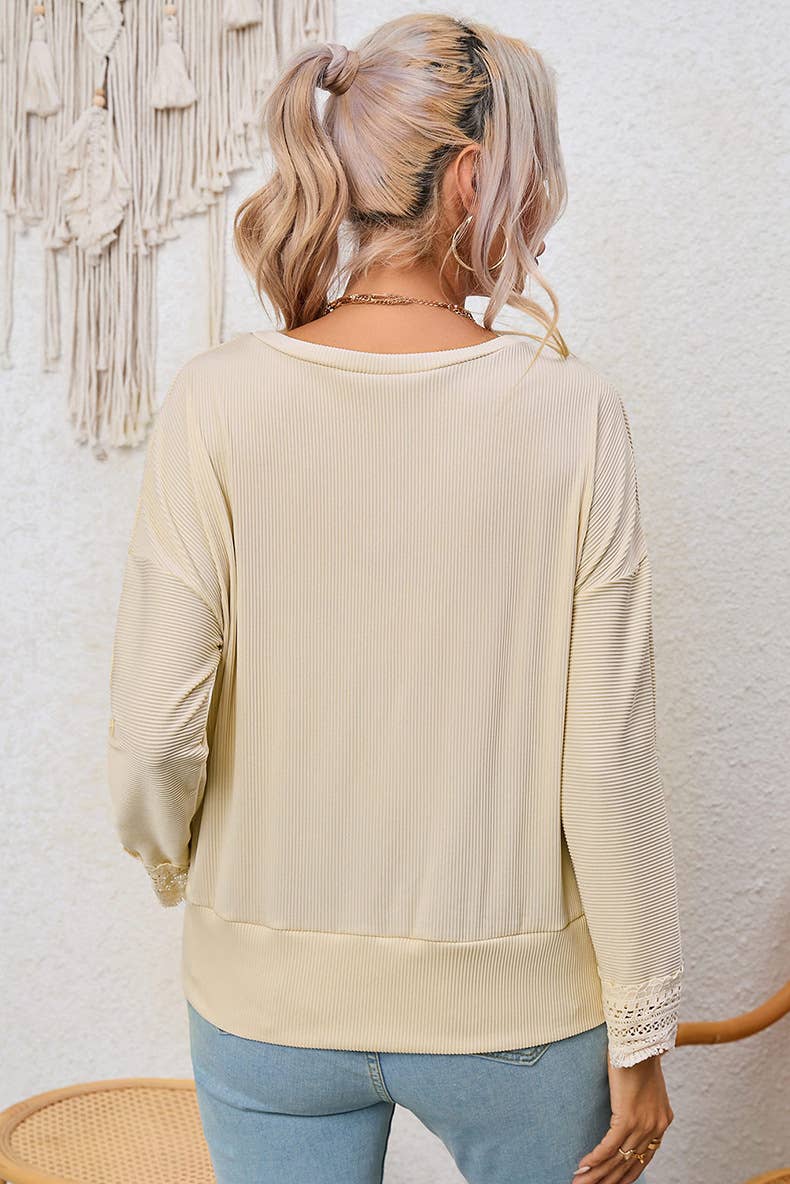 LACE TRIM V-NECK THIN SIMPLE SOLID COLOR SWEATER