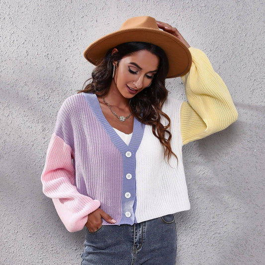 Knitted cardigan with colored lantern sleeves