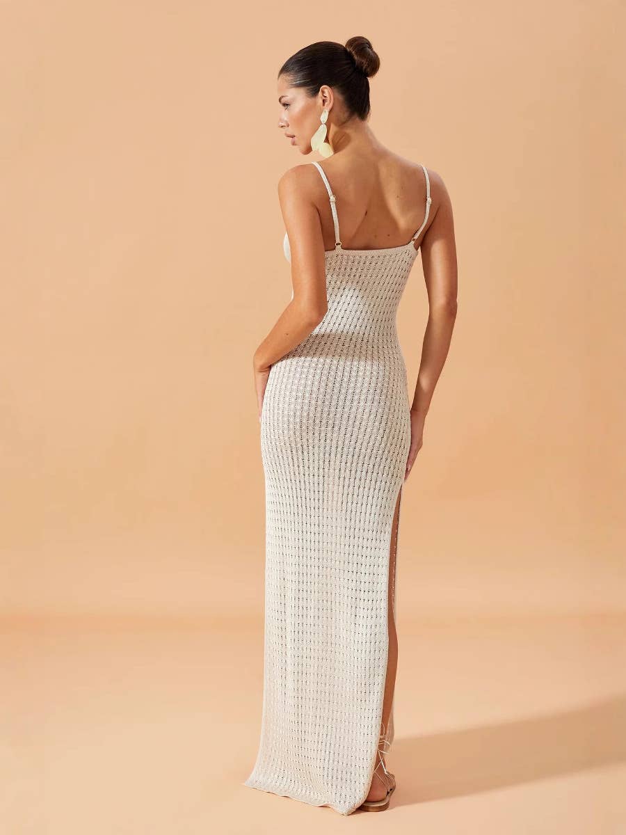 Solid-color high-slit cutout halter dress