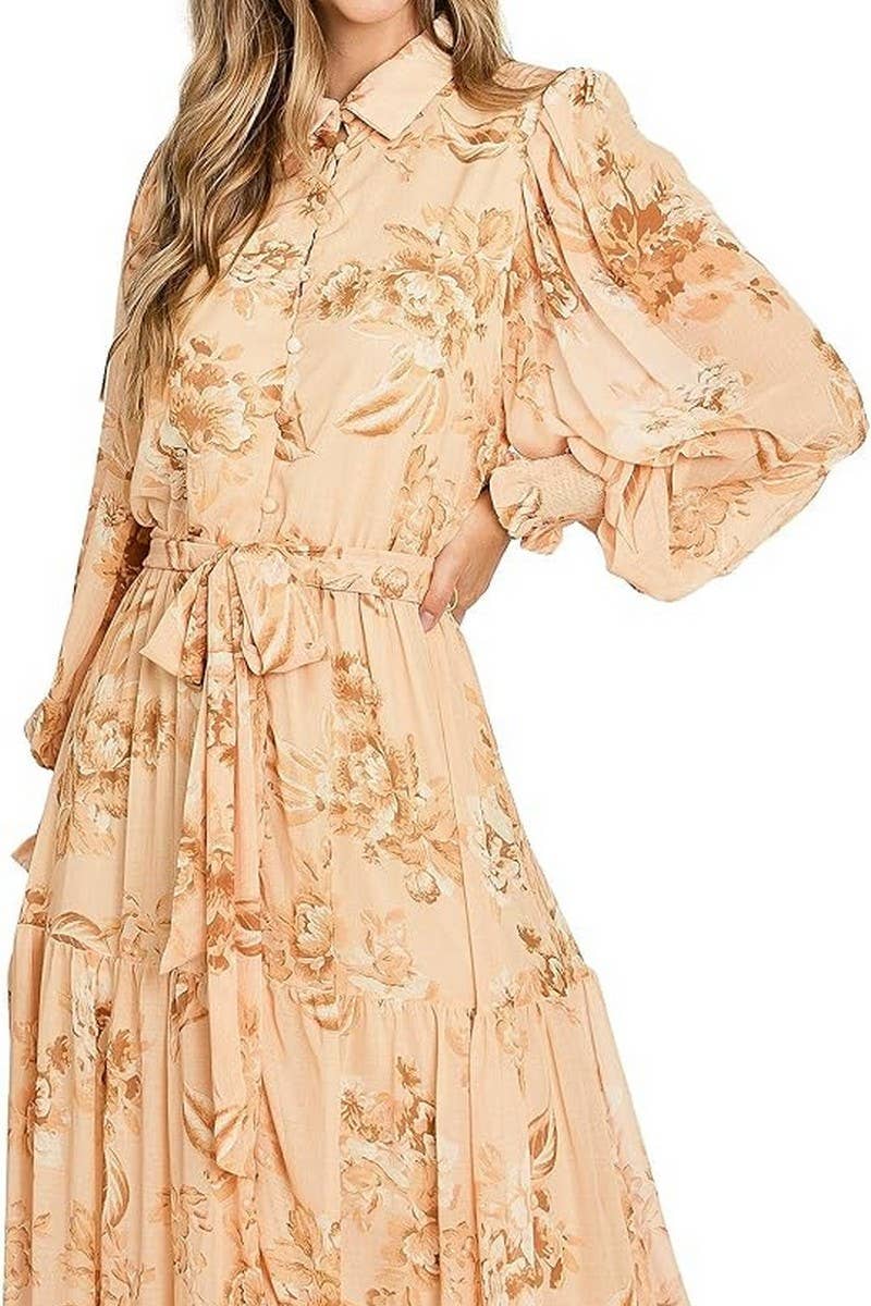 CWDMD5747_FASHION PRINTED LONG SLEEVE POLO NECK TIE DRESS