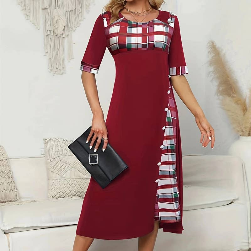 ROUND NECK COLOR CONTRAST IRREGULAR LONG DRESS