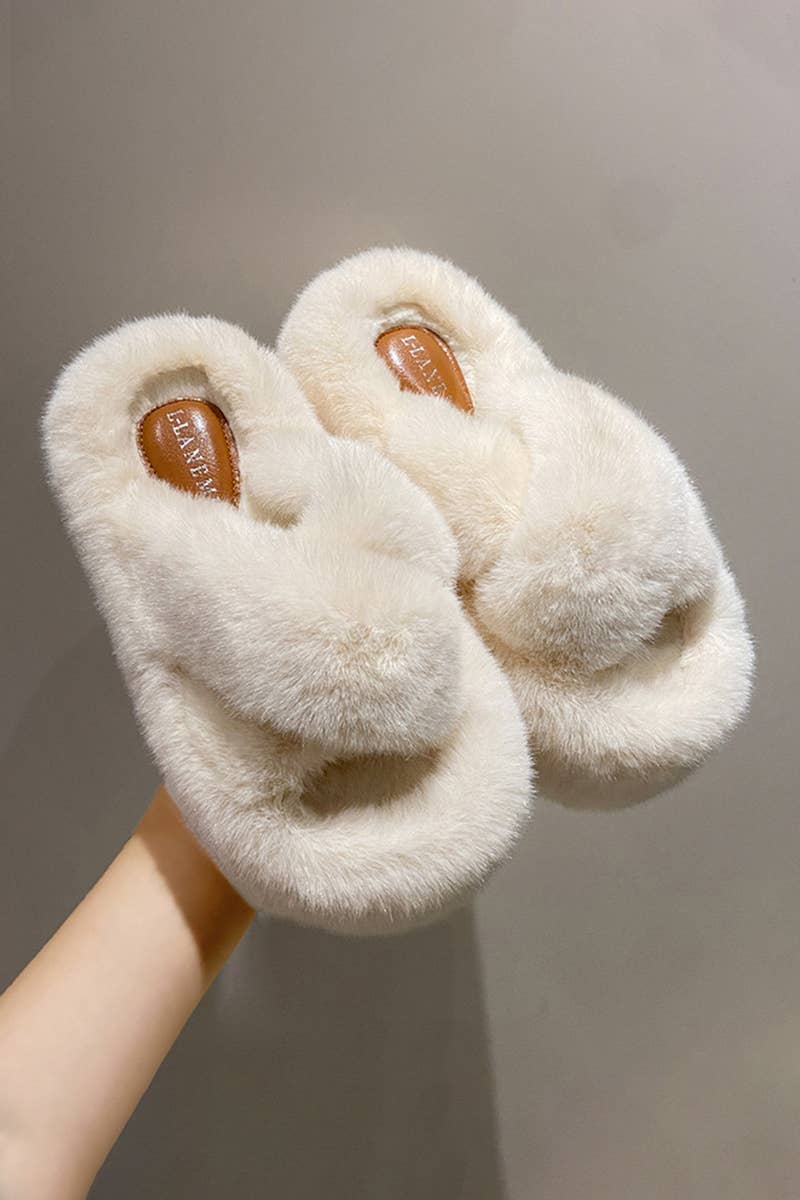 THICK SOLE CROSS STRAP FLUFFY BEDROOM SLIPPERS