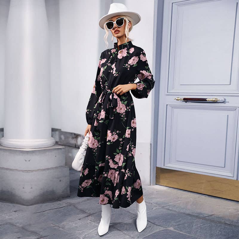 PRINTED LONG-SLEEVED HALF-NECK DRESS