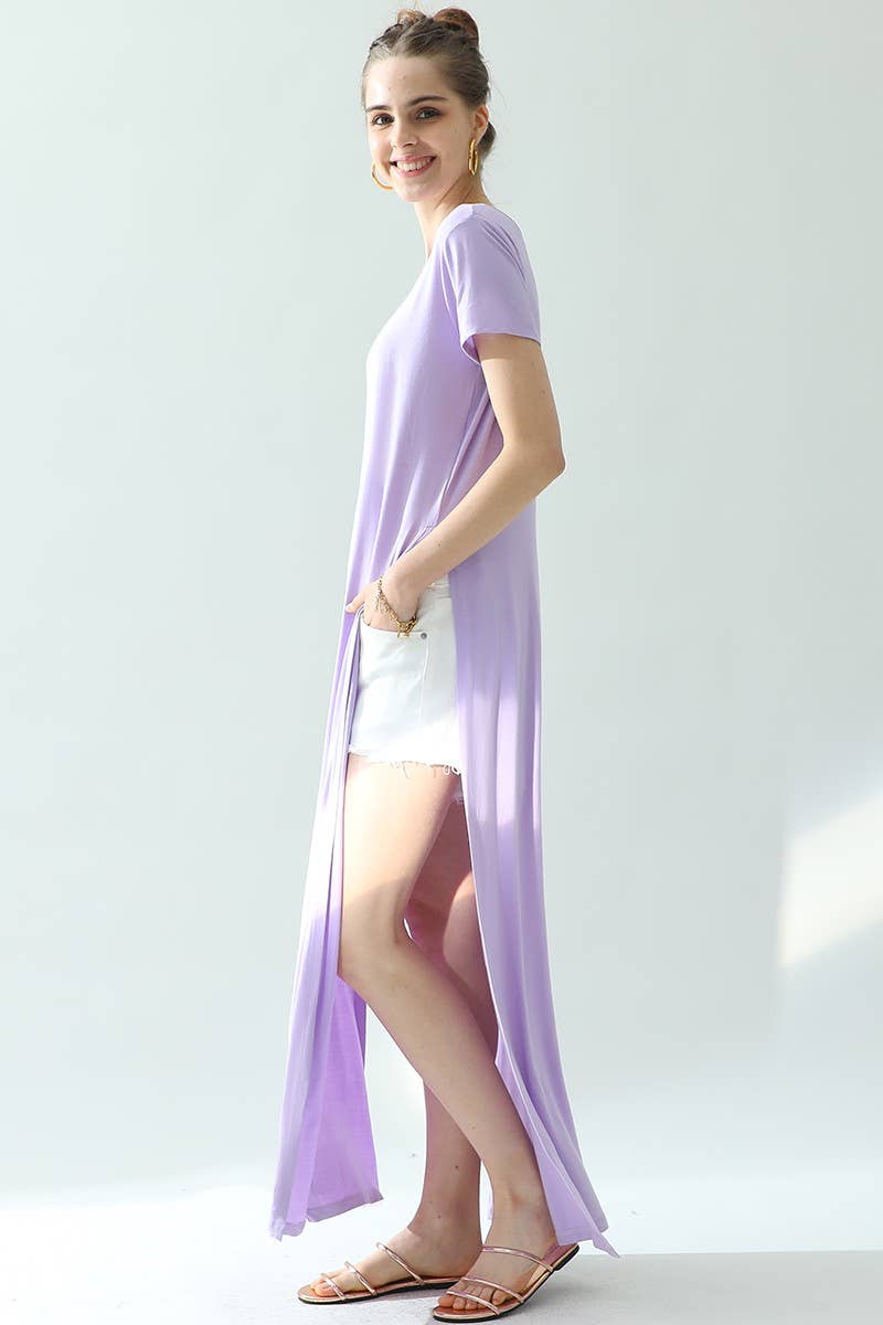 CWDMD824_ROUND NECK SHORT SLEEVE LONG DRESS WITH SLIT