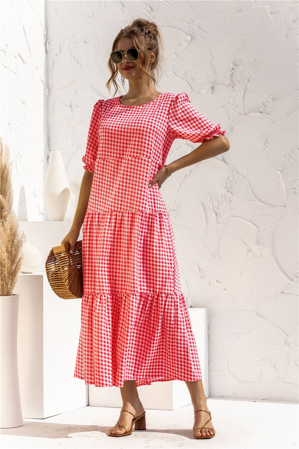 Puffed sleeve polka dot plaid patchwork dress