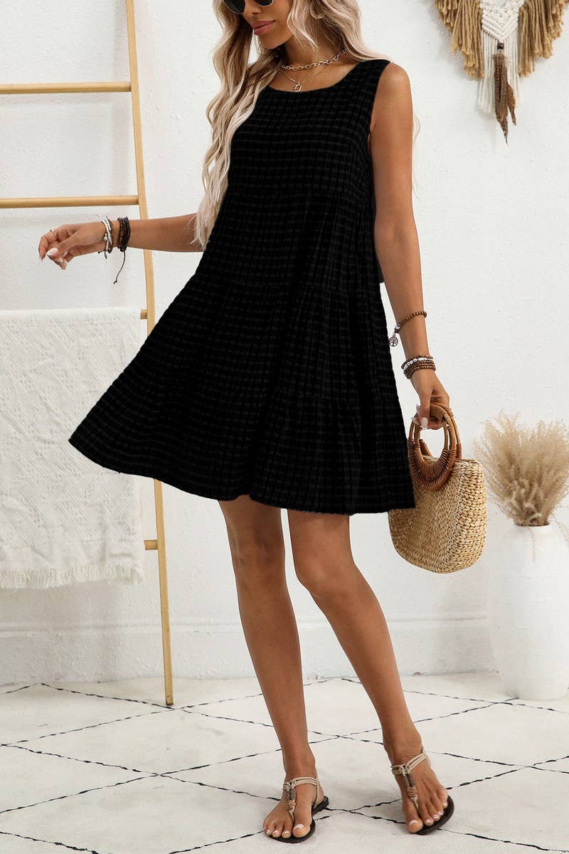 CWDSD8675_SLEEVELESS PLAID LOOSE FIT FLOWY DRESS