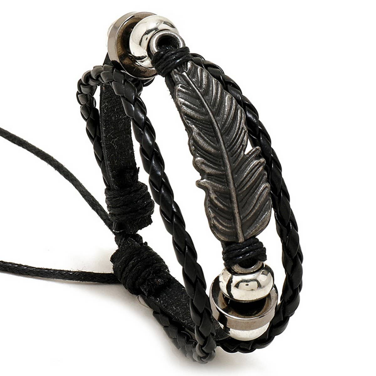 SIMPLE ALLOY FEATHER BEADED LEATHER BRACELET