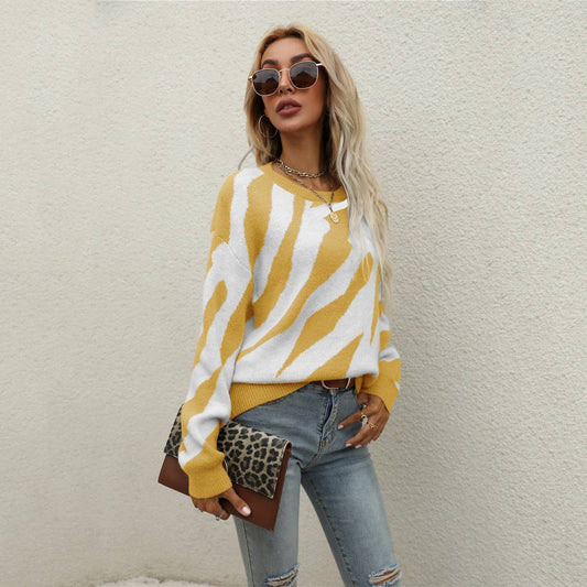 Striped stylish knit pullover sweater